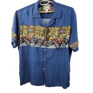 Vintage Paradise Found Tiki Tavern Aloha Hawaiian Camp Shirt Blue XL Motorcycle